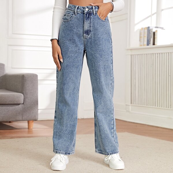 

High Waist Wide Leg Zipper Fly Jeans, Medium wash