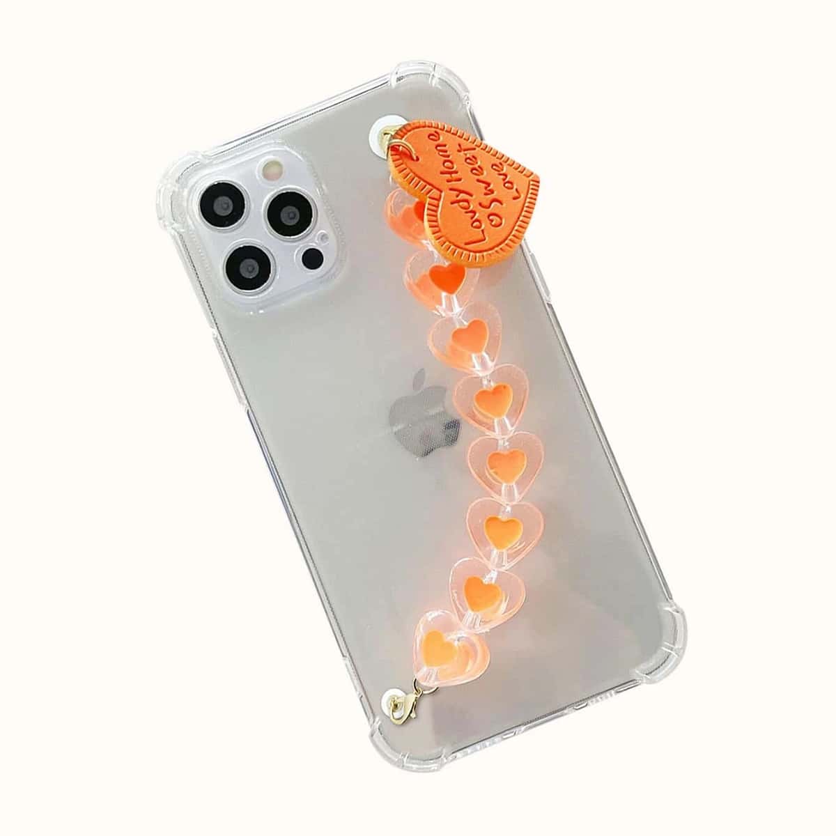 

Clear Phone Case With Heart Decor Hand Strap, Orange