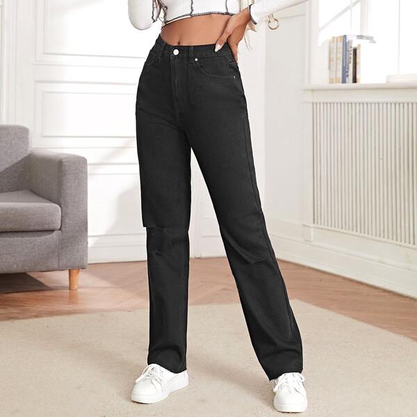 

High Waist Ripped Raw Hem Jeans, Black
