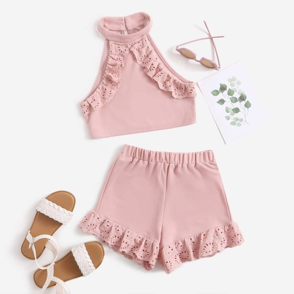 

Girls Eyelet Embroidered Halter Top & Shorts Set, Dusty pink