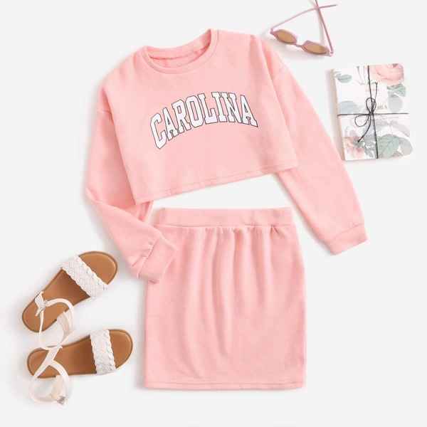 

Girls Letter Graphic Drop Shoulder Pullover & Skirt Set, Baby pink