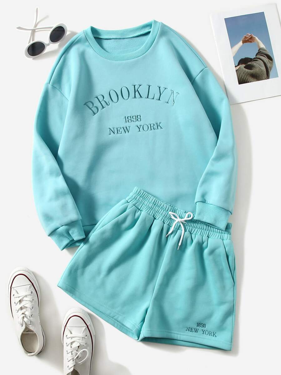 SHEIN EZwear Bộ thời trang Dây kéo Nghề thêu Lá thư Giải trí - Màu xanh lam - Xem 1