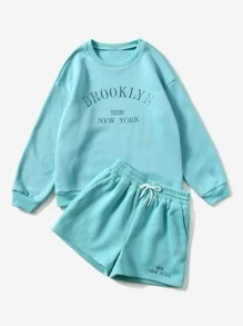 SHEIN EZwear Bộ thời trang Dây kéo Nghề thêu Lá thư Giải trí - Màu xanh lam - Xem 4