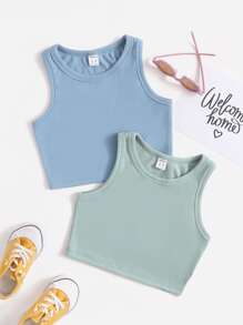 SHEIN Paquete múltiple de tops de punto para niñas Tween con cuello redondo clásico y básico - Multicolor - Ver 1
