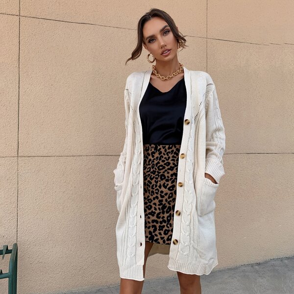 

Pocket Front Eyelet Cable Knit Cardigan, Apricot