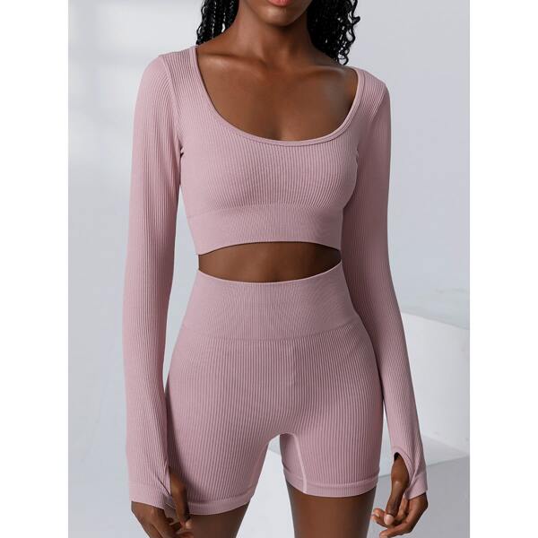 

Seamless High Stretch Ribbed Thumb Holes Sports Tee & Biker Shorts, Dusty pink