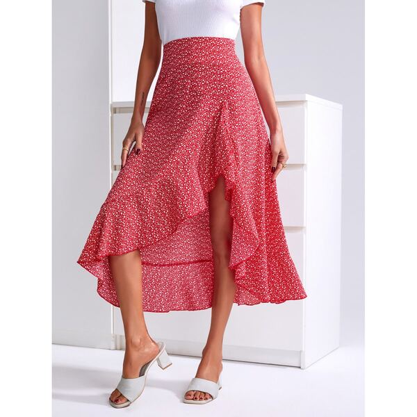 

High Waist Ditsy Floral Ruffle Trim Skirt, Red