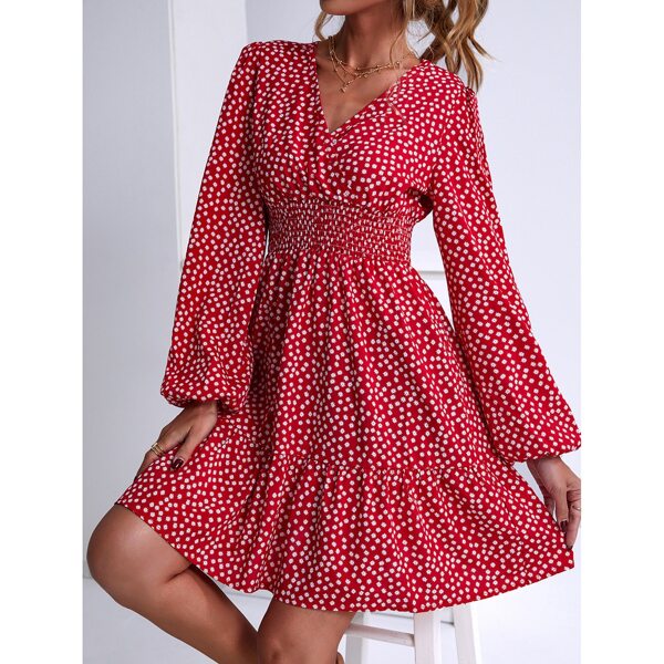 

Ditsy Floral Print Lantern Sleeve Shirred A-line Dress, Red