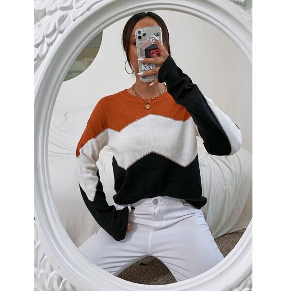 

Chevron Pattern Colorblock Drop Shoulder Sweater, Multicolor