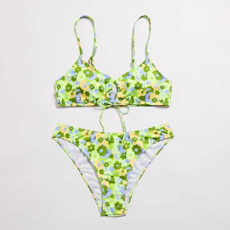 

Ditsy Floral Tie Front Bikini Swimsuit, Multicolor