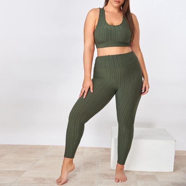 

Plus Textured Criss Cross Back Bra & Leggings, Army green
