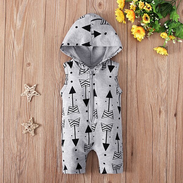 

Baby Boy Arrow Print Hooded Tank Romper, Grey