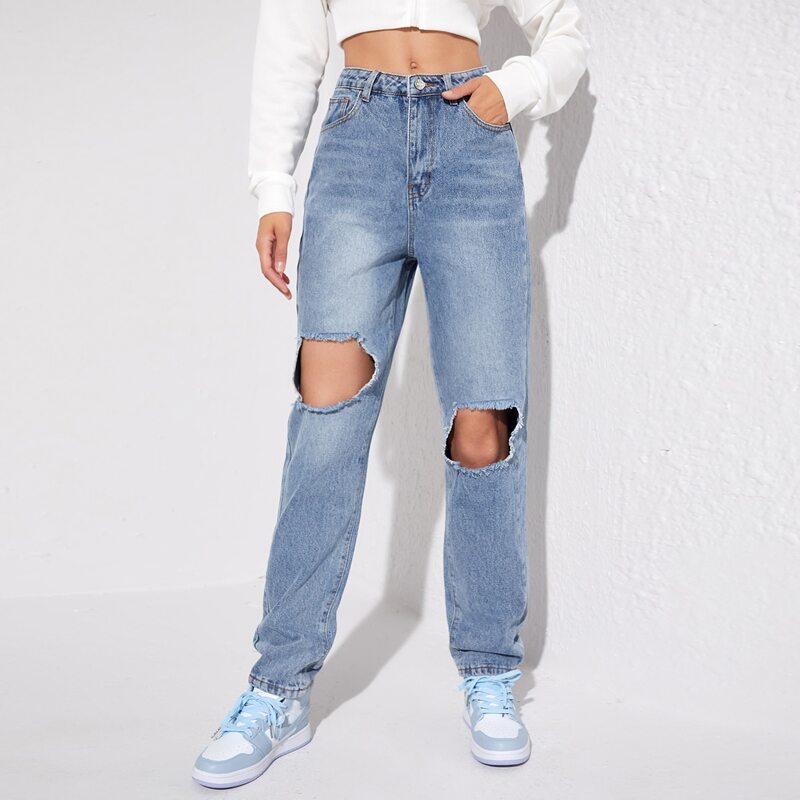 

Ripped Straight Leg Jeans, Light wash