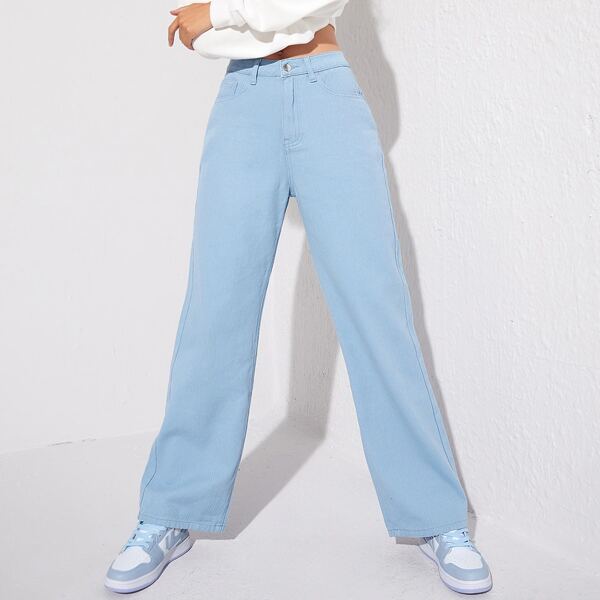

Solid High Waist Straight Leg Jeans, Light wash