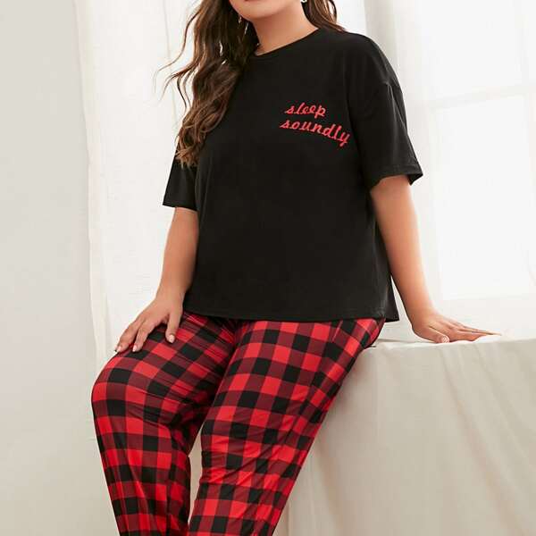 

Plus Letter Graphic Tee & Buffalo Plaid Pants PJ Set, Multicolor