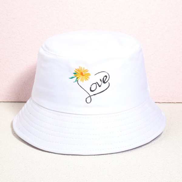 

Flower Embroidered Bucket Hat, White