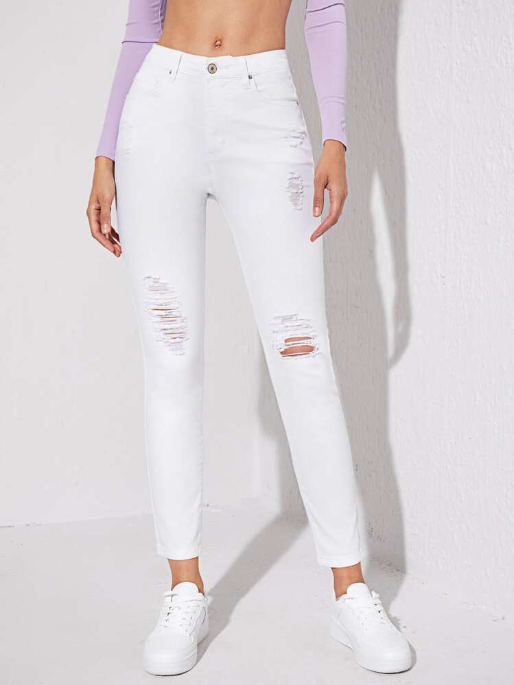 Distressed Skinny Jeans - White - View 1