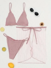 Juego de bikini triangular con tanga y ribete de lechuga en paquete de 3 - Rosa vieja - Ver 3