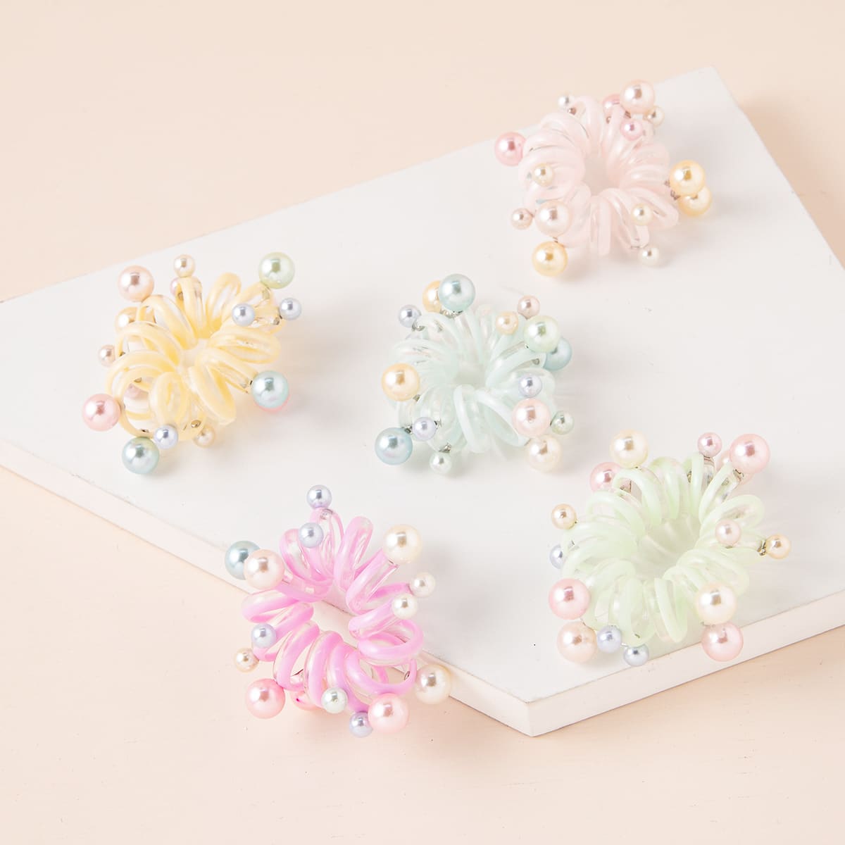 

5pcs Faux Pearl Decor Telephone Wire Hair Tie, Multicolor