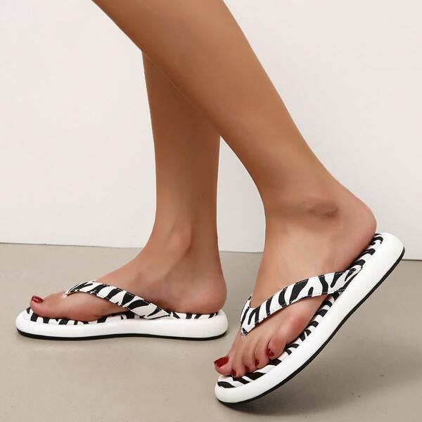 

Zebra Stripe Pattern Thong Sandals, Black and white
