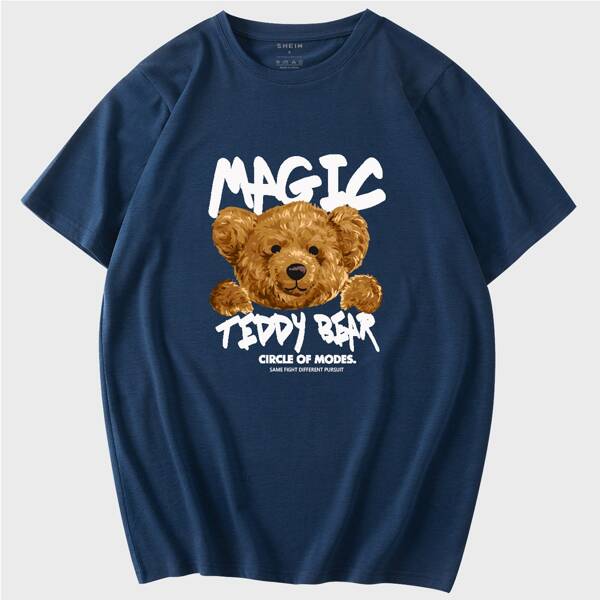 

Men Bear Doll & Slogan Tee, Royal blue