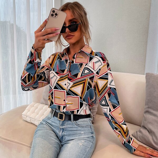 

Geo Print Button Front Blouse, Multicolor