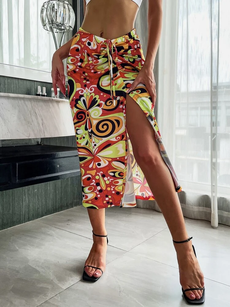 Allover Print Side Split Skirt Fall Cloth For Women