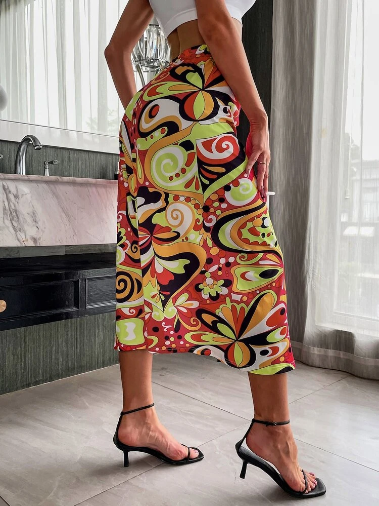 Allover Print Side Split Skirt Fall Cloth For Women
