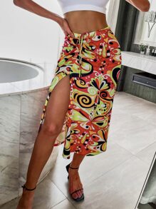 Aveloria Allover Print Side Split Skirt Fall Cloth For Women - Multicolor - View 4