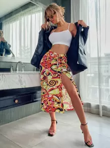 Aveloria Allover Print Side Split Skirt Fall Cloth For Women - Multicolor - View 6