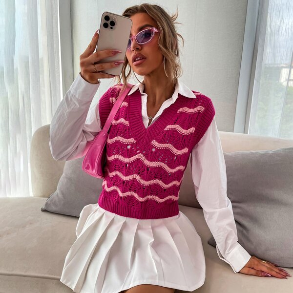

Wave Pattern Sweater Vest, Hot pink