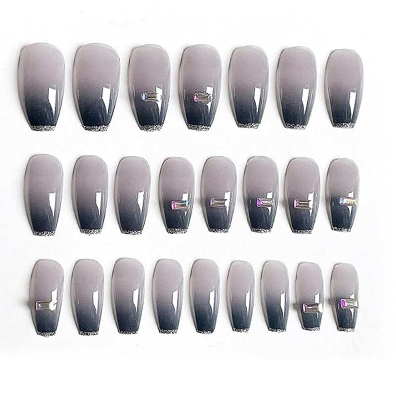 

24pcs Rhinestone Fake Nail & 24pcs Nail Tape, Dark grey