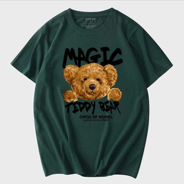 

Men Bear Doll & Slogan Tee, Dark green