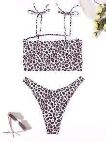 Leopard Tie Shoulder Bikini Summer Beach - Brown - View 2