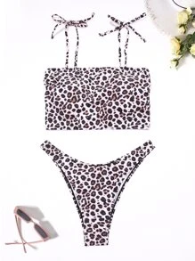 Leopard Tie Shoulder Bikini Summer Beach - Brown - View 4