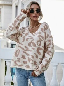 SHEIN LUNE Leopard Pattern Drop Shoulder Sweater - Multicolor - View 4