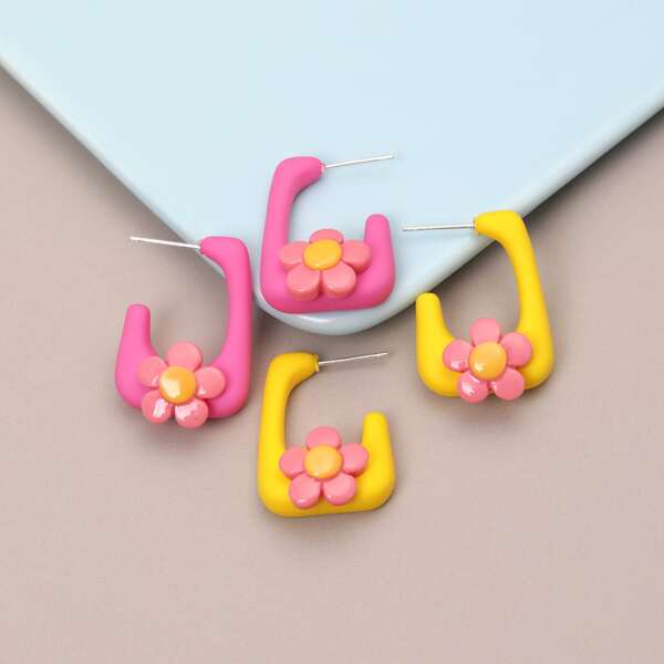 

2pairs Flower Decor Earrings, Multicolor