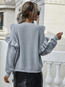 SHEIN Frenchy Áo len Xù Gân đan màu trơn Giải trí - Màu Xám nhạt - Xem 3