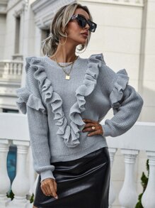 SHEIN Frenchy Áo len Xù Gân đan màu trơn Giải trí - Màu Xám nhạt - Xem 4