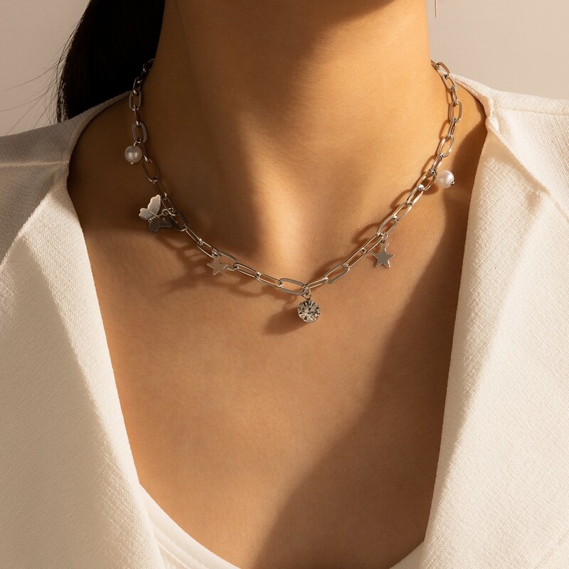 

Star & Butterfly Decor Chain Necklace, Silver