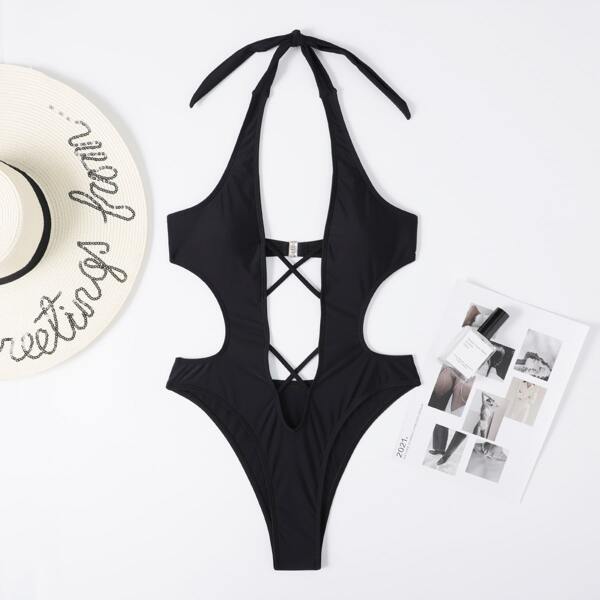 

Crisscross Plunging One Piece Swimsuit, Black