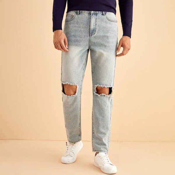 

Men Ripped Straight Leg Jeans, Light wash