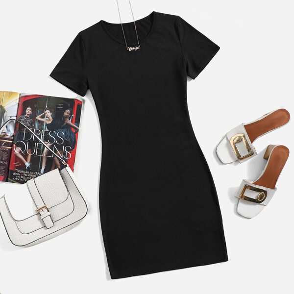 

Solid Short Sleeve Mini Bodycon Dress, Black