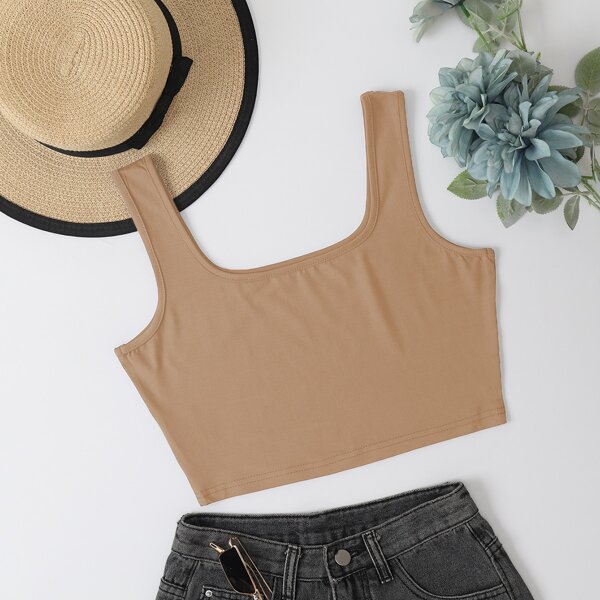 

Crop Solid Tank Top, Khaki