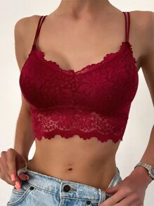 Scallop Trim Floral Lace Bralet - Burgundy - View 1