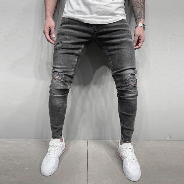 

Men High Waist Ripped Skinny Jeans, Dark grey