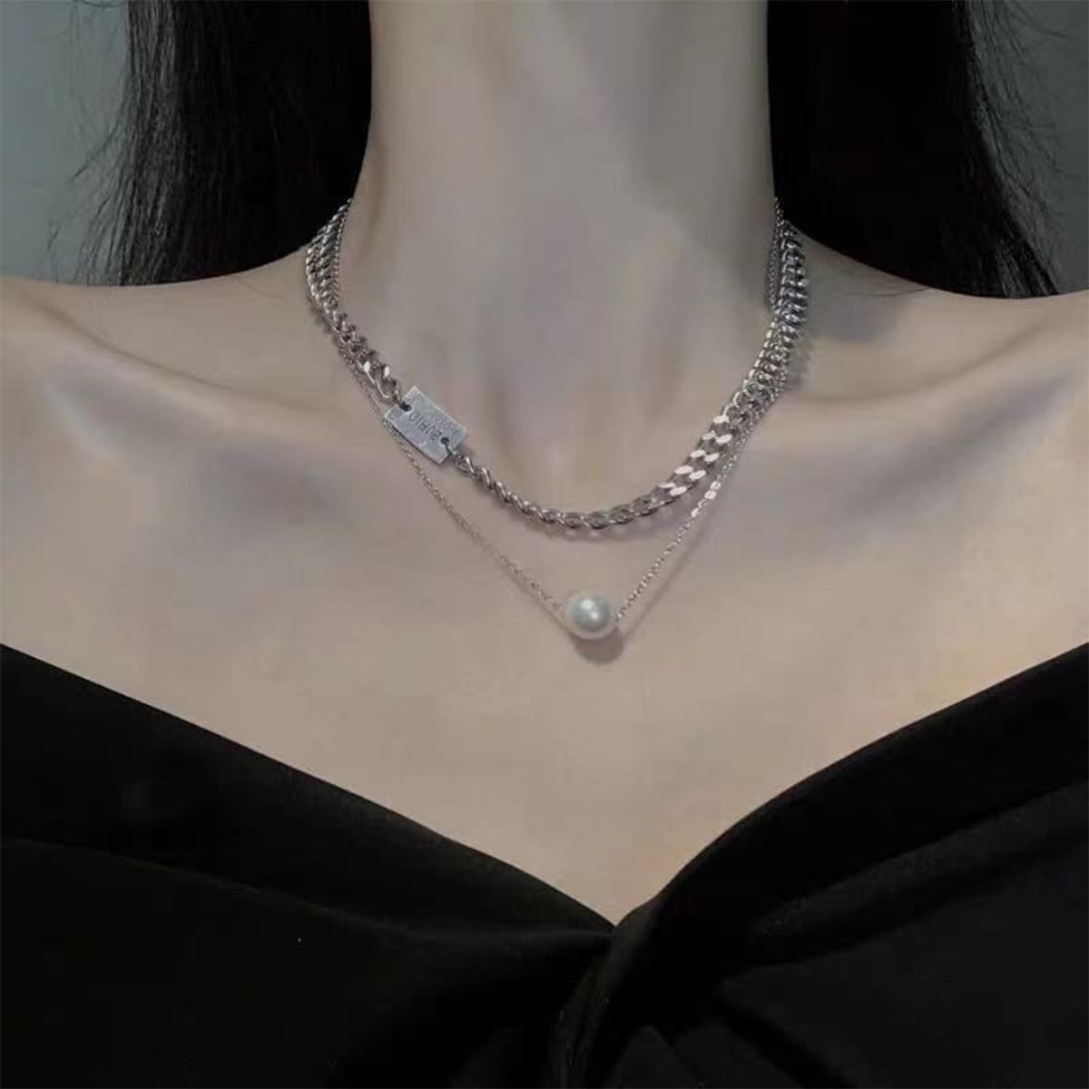 

1pc Faux Pearl Decor Layered Necklace, Silver