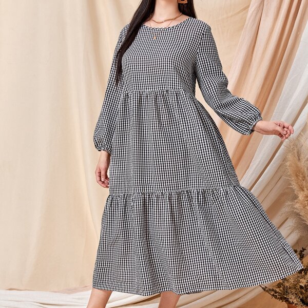 

Plus Gingham Print Ruffle Hem Dress, Black and white