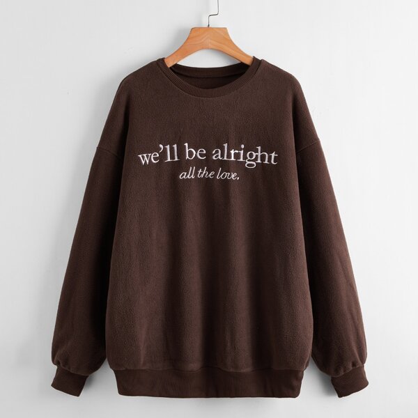 

Slogan Print Drop Shoulder Rib-knit Sweatshirt, Chocolate brown