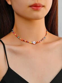 花朵裝飾串珠項鏈 - 彩色 - 查看 1